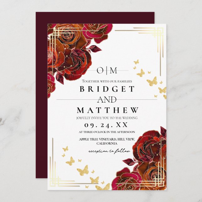 Invitación Rosa roja de flores modernas y Boda de oro (Anverso / Reverso)