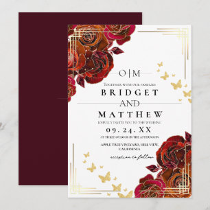 Invitación Rosa roja de flores modernas y Boda de oro