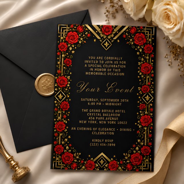 Invitación Rosa Roja de Oro Negro de Lujo (Subido por el creador)