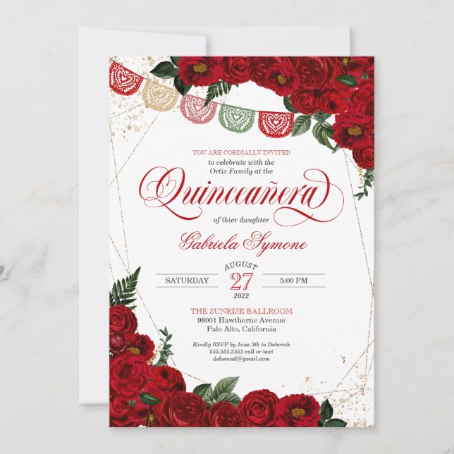 Invitación Rosa Roja de Ruby y Papel de oro Picado Quinceañer (Anverso)