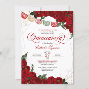 Invitación Rosa Roja de Ruby y Papel de oro Picado Quinceañer
