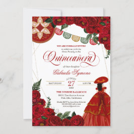 Invitación Rosa Roja Elegante Charra/Mariachi Vestido Quincea