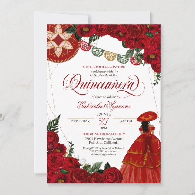 Invitación Rosa Roja Elegante Charra/Mariachi Vestido Quincea (Anverso)