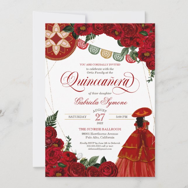 Invitación Rosa Roja Elegante Charra/Mariachi Vestido Quincea (Anverso)