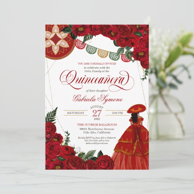 Invitación Rosa Roja Elegante Charra/Mariachi Vestido Quincea (Anverso de pie)