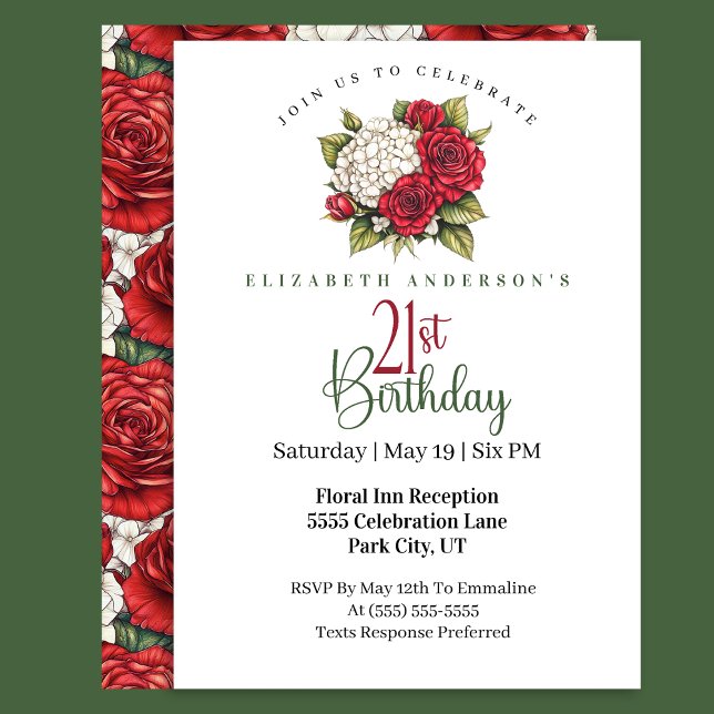Invitación Rosa Roja Elegante Cumpleaños 21 (Subido por el creador)