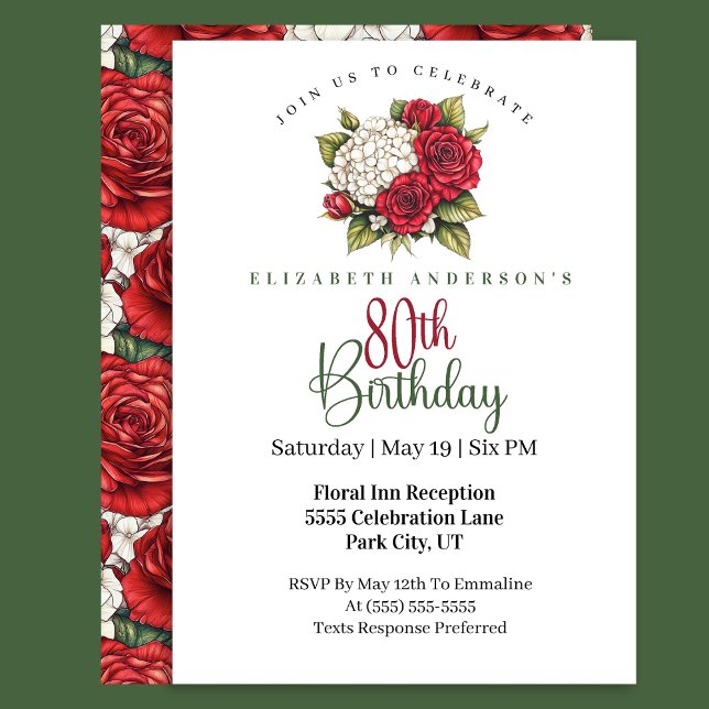 Invitación Rosa Roja Elegante Cumpleaños 80 (Subido por el creador)