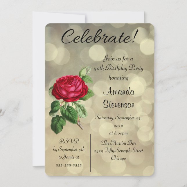 Invitación Rosa Roja en Cumpleaños con Luces Bokeh Doradas (Anverso)