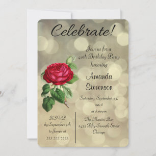 Invitación Rosa Roja en Cumpleaños con Luces Bokeh Doradas