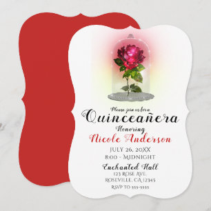 Invitación Rosa Roja Encantada con Brillo para Fiesta de Quin
