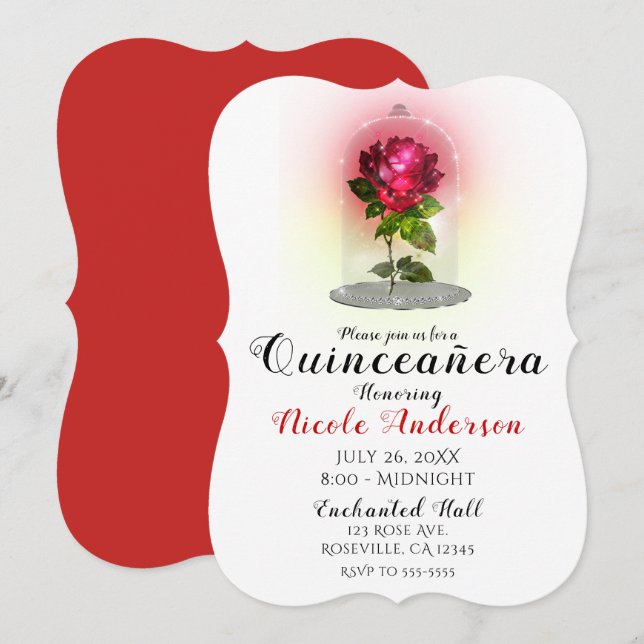 Invitación Rosa Roja Encantada y Brillante Fiesta de Quinceañ (Anverso / Reverso)