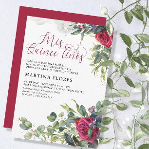 Invitación Rosa Roja Eucalipto Mis Quince Años Quinceañera