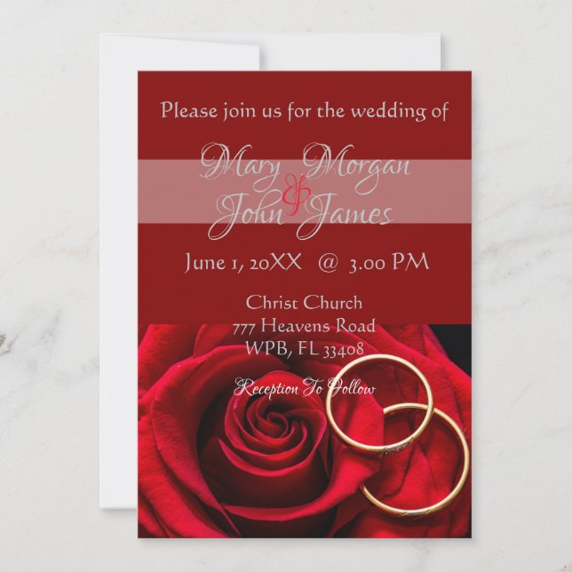 Invitación Rosa Roja Floral con Anillo de Boda (Anverso)