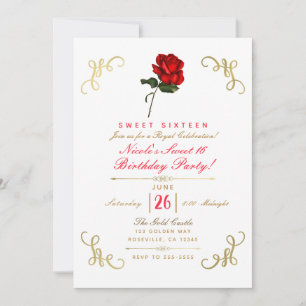 Invitación Rosa Roja Floral Esquinas Doradas Dulces 16 Fiesta