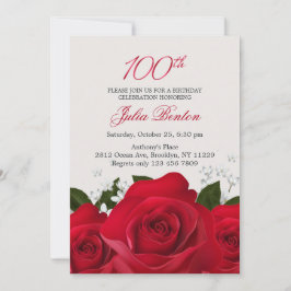 Invitación Rosa roja, flores blancas 100 cumpleaños