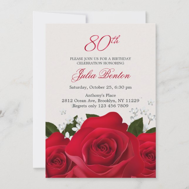 Invitación Rosa roja, flores blancas 80 cumpleaños (Anverso)