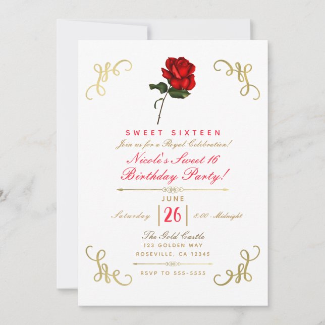 Invitación Rosa Roja Flores Esquinas Doradas Fiesta Dulces 16 (Anverso)