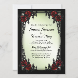 Invitación Rosa Roja Gótica Dulce Dieciséis Puerta de Hierro