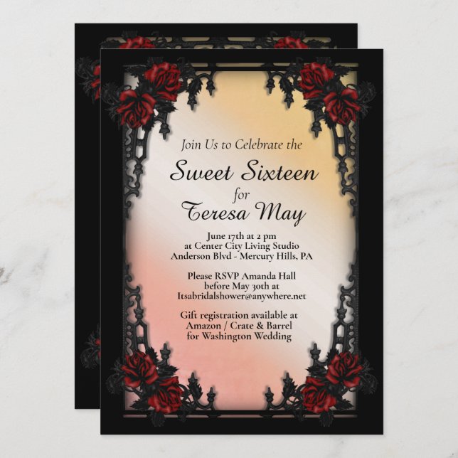 Invitación Rosa Roja Gótica Dulce Dieciséis Puerta de Hierro (Anverso / Reverso)