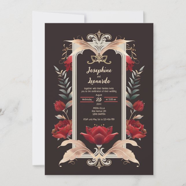 Invitación Rosa roja gótica romántica y Boda de oro (Anverso)