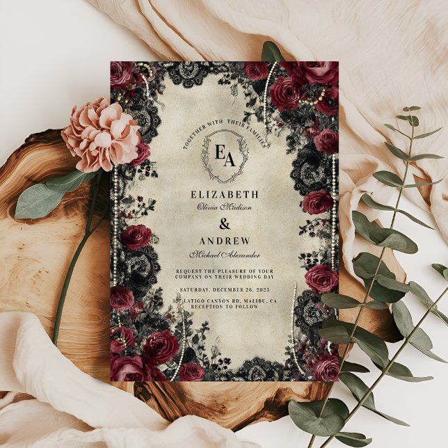 Invitación Rosa roja gótica y romance de encaje (Subido por el creador)