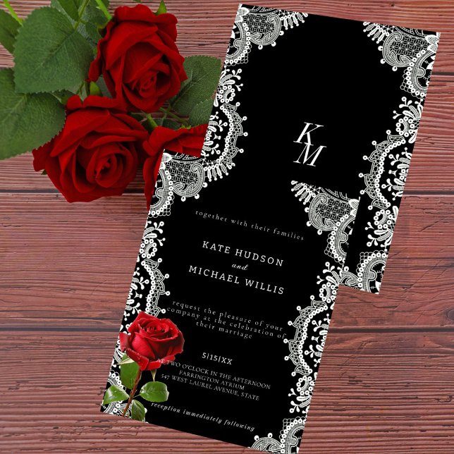 Invitación Rosa Roja Hermosa Boda de encaje blanco (Subido por el creador)
