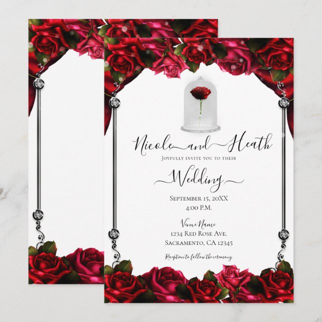 Invitación Rosa Roja Mágica Boda Blanca de Oro y Plata Blanca (Anverso / Reverso)