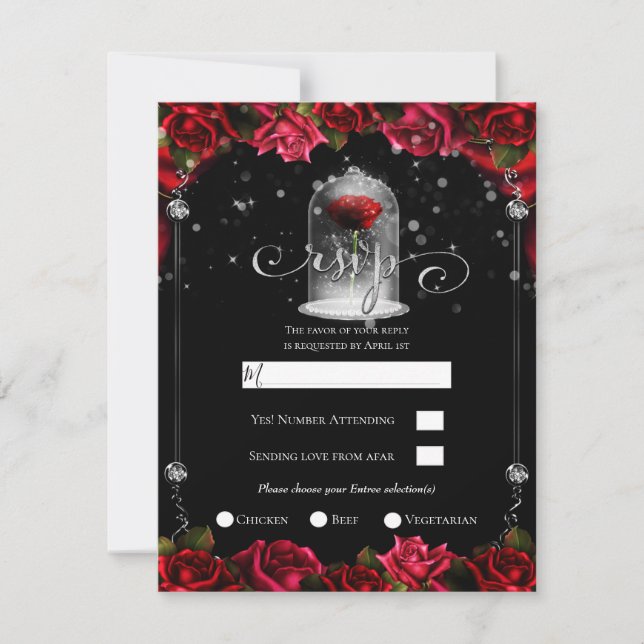 Invitación Rosa Roja Mágica Oro Blanco Plata Negro RSVP (Anverso)
