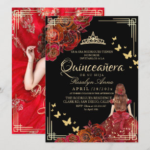 Invitación Rosa Roja Mariposa de Oro Quinceañera