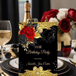 Invitación Rosa Roja Mariposa Floral Gemas Doradas Cumpleaños