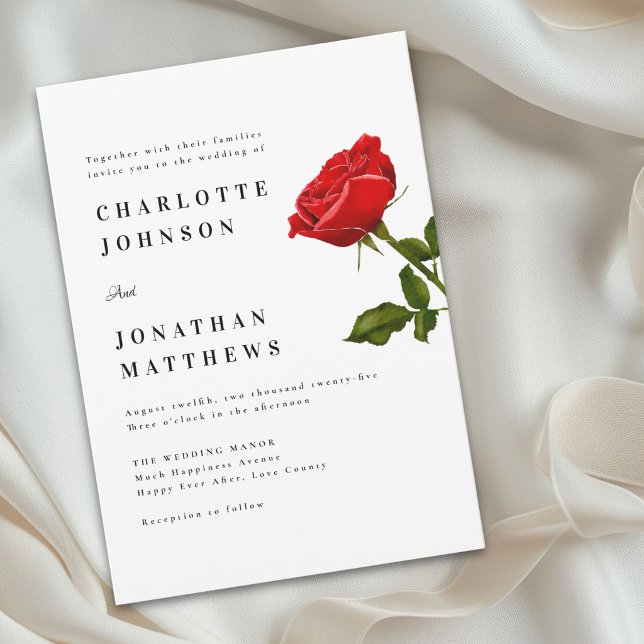 Invitación Rosa Roja Minimalista Elegante Moderna (Romantic red rose minimal modern wedding invitation simple classic Watercolor floral)