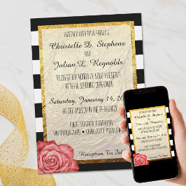 Invitación Rosa Roja Moderna Hoja de Oro Falso Rayado de Boda