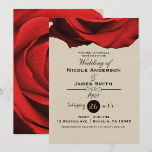 Invitación Rosa Roja Moderna Rústica Kraft Glam Elegante Boda