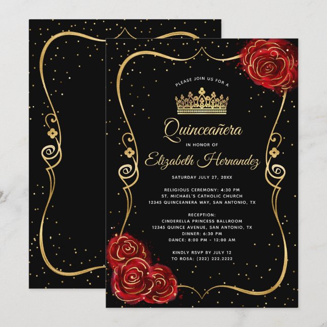 Invitación Rosa Roja negra elegante y quinceañera dorada (Anverso / Reverso)