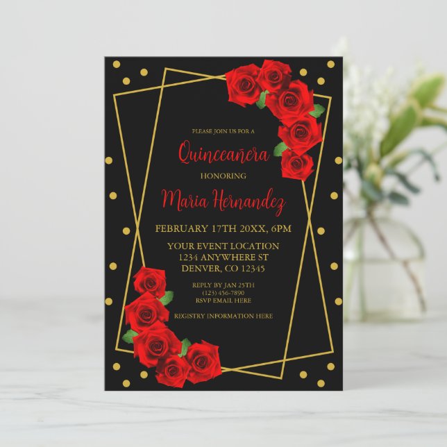 Invitación Rosa Roja Negro y Quinceañera de oro (Anverso de pie)