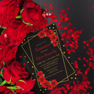 Invitación Rosa Roja Negro y Quinceañera de oro