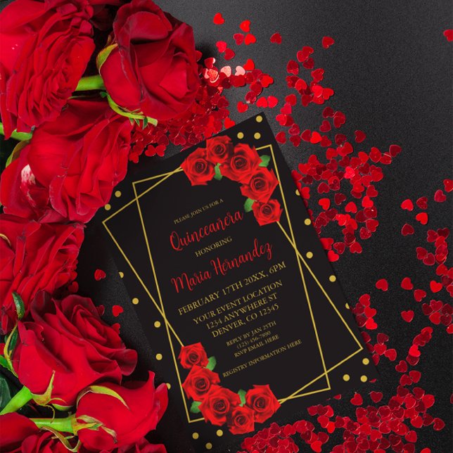 Invitación Rosa Roja Negro y Quinceañera de oro (Subido por el creador)