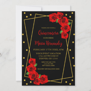 Invitación Rosa Roja Negro y Quinceañera de oro