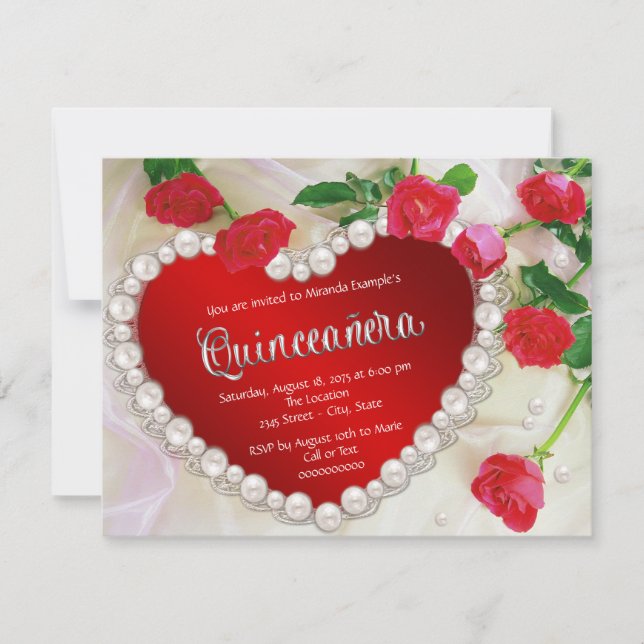 Invitación Rosa Roja Perla Quinceañera (Anverso)