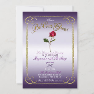 Invitación Rosa Roja Púrpura y Dorada Belleza Fiesta de Cumpl