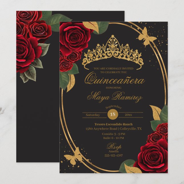 Invitación Rosa Roja Purpurina de oro negro mariposa Quinceañ (Anverso / Reverso)