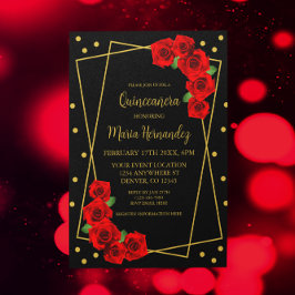 Invitación Rosa Roja Quinceañera Negra y Dorada