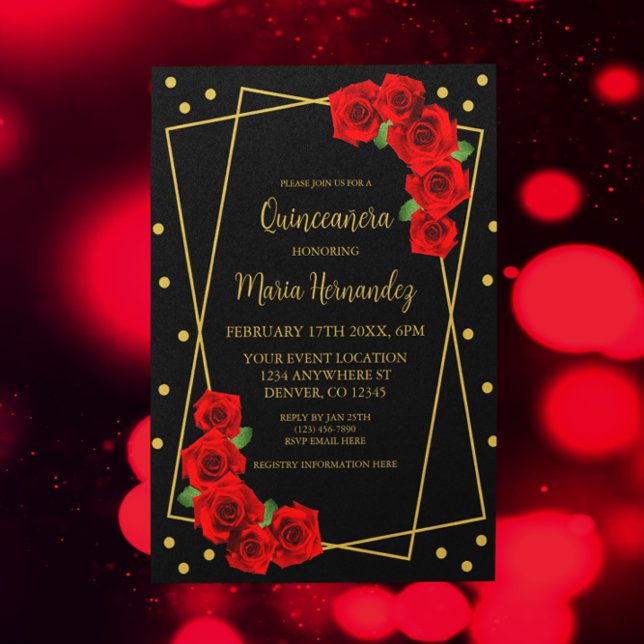 Invitación Rosa Roja Quinceañera Negra y Dorada (Subido por el creador)