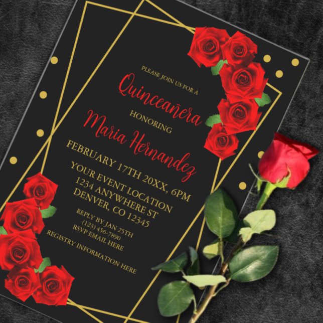 Invitación Rosa Roja Quinceañera Negro y Dorado (Subido por el creador)