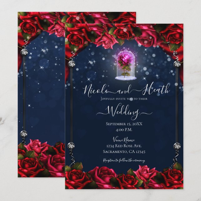 Invitación Rosa roja resplandor mágico boda azul marino plate (Anverso / Reverso)