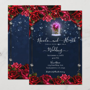 Invitación Rosa roja resplandor mágico boda azul marino plate