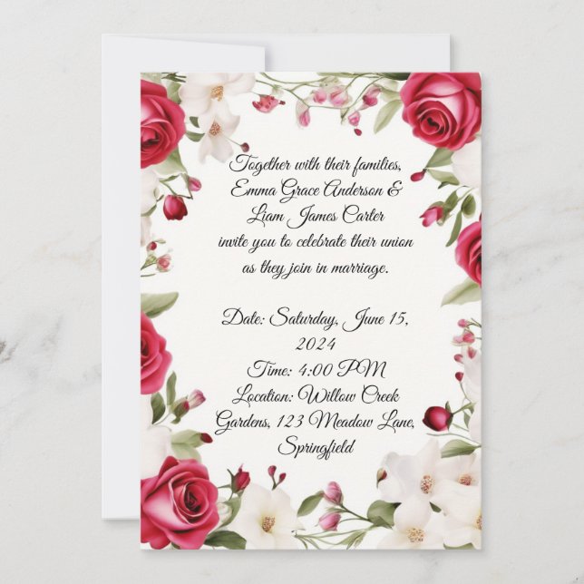 Invitación Rosa Roja Romántica y Lily del Boda del Valle (Anverso)