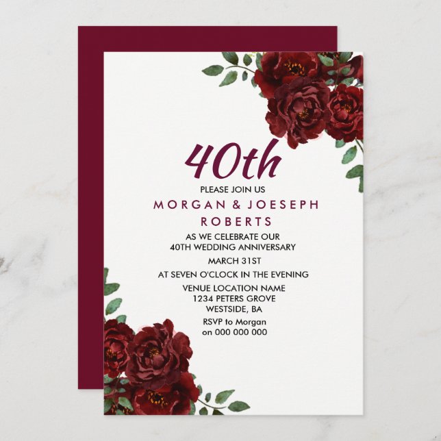 Invitación Rosa Roja Rubí Borgoña 40 Aniversario de Boda (Anverso / Reverso)