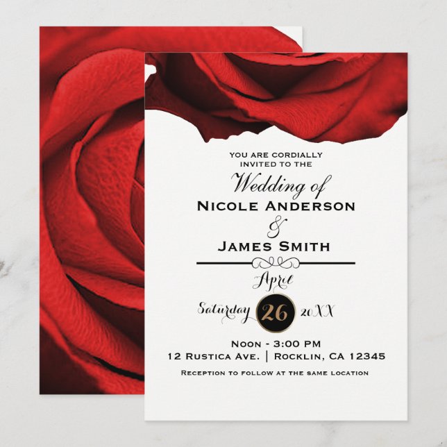 Invitación Rosa Roja Rústica Moderna Glam Elegante Boda (Anverso / Reverso)