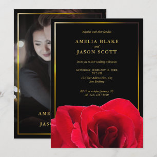 Invitación Rosa roja sobre negro   Marco dorado con Boda foto